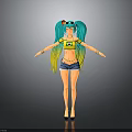 Cartoon Character Girl With Blue Green Long Hair Double Ponytails Red Bow And Denim Shorts