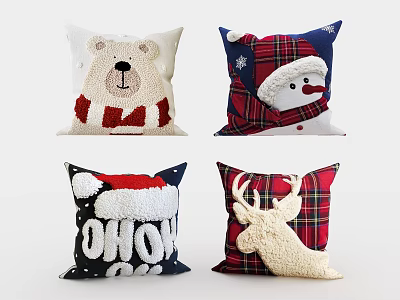 Festive Christmas Throw Pillows Featuring Polar Bear Snowman Reindeer OH HO HO Lettering And Plaid 3d model