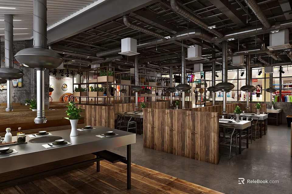 Industrial Style Restaurant Interior With Wooden Partitions Metal Pipes Dining Tables And Green Plants 3d model 