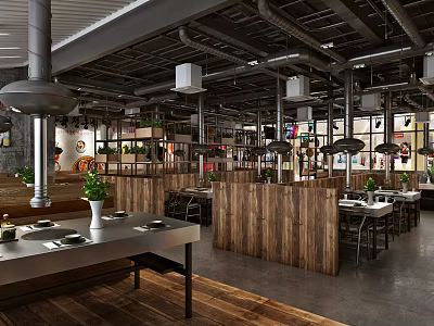 Industrial Style Restaurant Interior With Wooden Partitions Metal Pipes Dining Tables And Green Plants 3d model