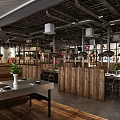 Industrial Style Restaurant Interior With Wooden Partitions Metal Pipes Dining Tables And Green Plants