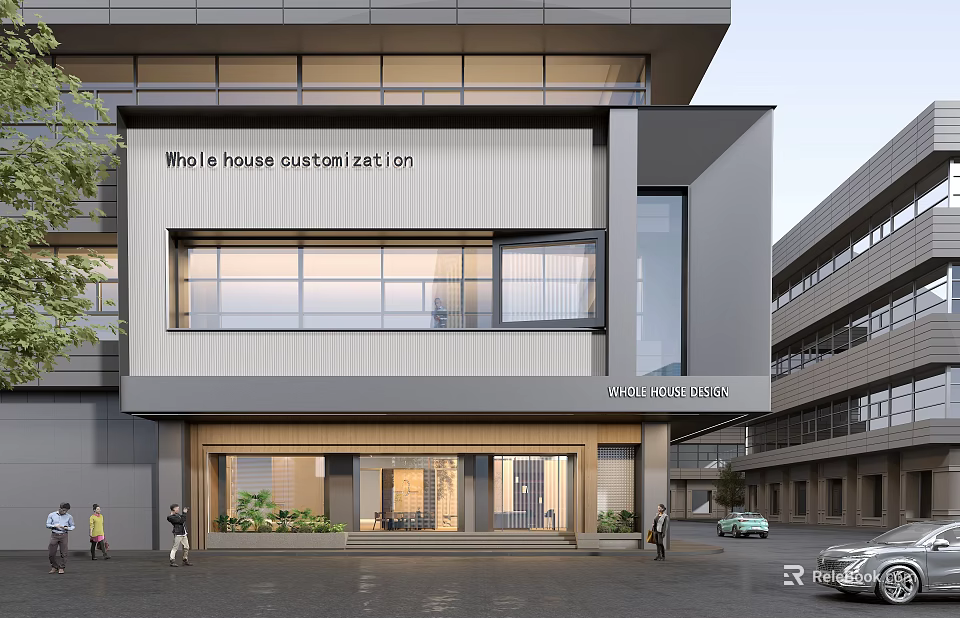 Modern Whole House Customization Storefront with Large Windows Green Plants and Entrance Design 3d model 