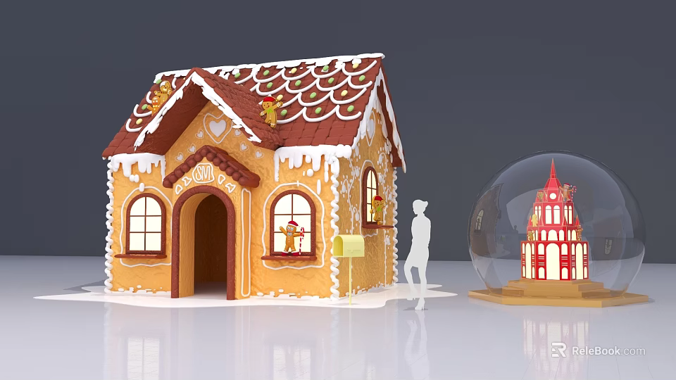 Cartoon Scene Featuring Gingerbread House and Glass Globe with Miniature Building Near Silhouette Figure 3d model 