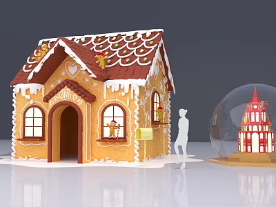 Cartoon Scene Featuring Gingerbread House and Glass Globe with Miniature Building Near Silhouette Figure 3d model