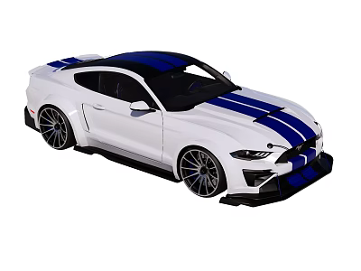 White Ford Mustang Sports Car with Blue Stripes Black Roof and Two Door Design 3d model