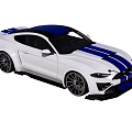 White Ford Mustang Sports Car with Blue Stripes Black Roof and Two Door Design