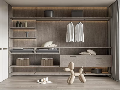 Modern Minimalist Wardrobe Interior With Hanging White Shirts Shelves Drawers And Storage Baskets 3d model