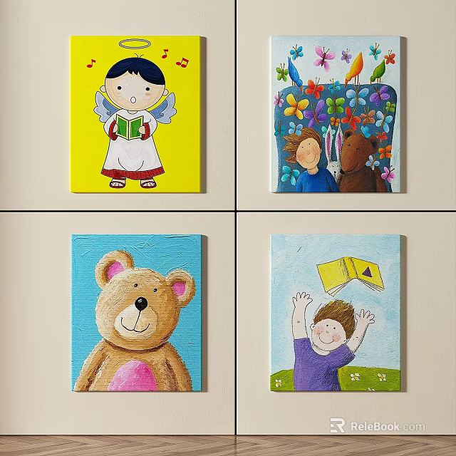 Vibrant Abstract Paintings With Angel Flowers Bear Child And Paper Plane 3d model 