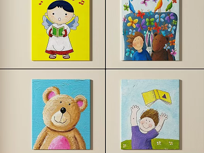Vibrant Abstract Paintings With Angel Flowers Bear Child And Paper Plane 3d model