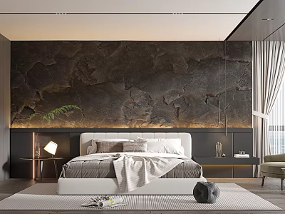 Modern Bedroom Interior With Textured Bedhead Wall Bedside Lamp And Decor 3d model
