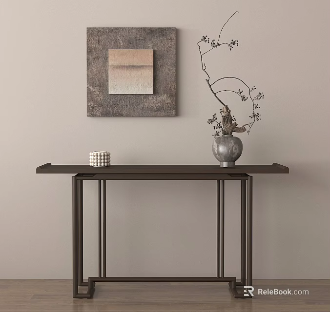 Modern Dark Wooden Entryway Side Cabinet With Metal Legs Decorative Vase And Wall Art 3d model 