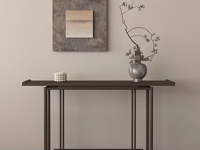 Modern Dark Wooden Entryway Side Cabinet With Metal Legs Decorative Vase And Wall Art 3d model