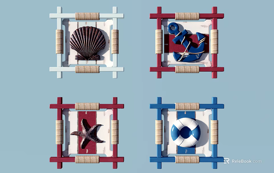 Nautical Wall Decor With Seashell Anchor Starfish Lifebuoy And Rope Frames 3d model 