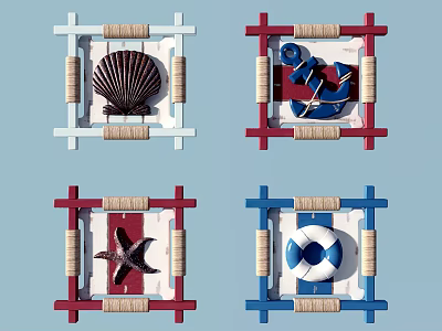 Nautical Wall Decor With Seashell Anchor Starfish Lifebuoy And Rope Frames 3d model