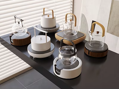 Modern Kitchen Electric Kettles With Various Designs Glass Bodies And Wooden Handles On Black Countertop 3d model