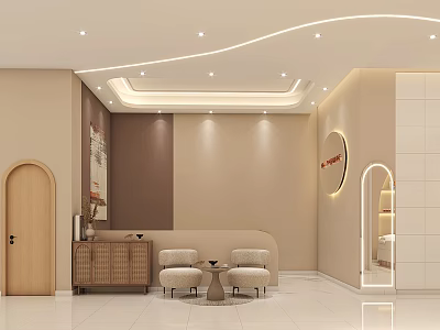 Elegant Beauty Hair Salon Interior Design With Neutral Tones Curved Ceiling Lights And Sofa Seating 3d model
