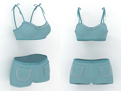Blue Checkered Bikini Set With Halter Neck Lace Trim And Pocket Shorts 3d model