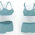 Blue Checkered Bikini Set With Halter Neck Lace Trim And Pocket Shorts