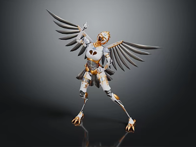 Detailed Mechanical Winged Creature With Gold White Armor And Eagle Like Wings Standing Pose 3d model