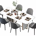 Modern Dining Table Set With Marble Top Gray Chairs And Tableware Decoration 3d model