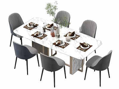 Modern Dining Table Set With Marble Top Gray Chairs And Tableware Decoration 3d model