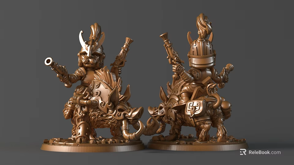 Detailed Warrior Sculpture Carving With Boar Mount And Decorative Helmet 3d model 