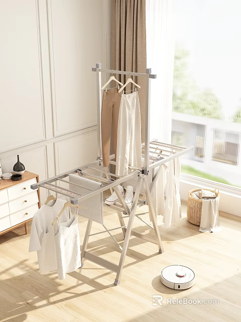 Foldable Metal Clothes Drying Rack With Hanging Shirts Pants And Laundry Basket In Bright Room 3d model 