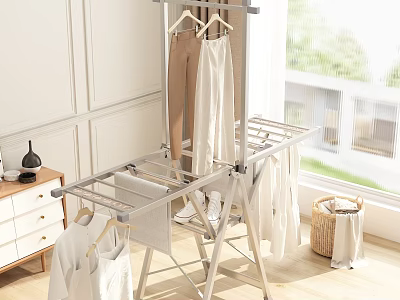 Foldable Metal Clothes Drying Rack With Hanging Shirts Pants And Laundry Basket In Bright Room 3d model
