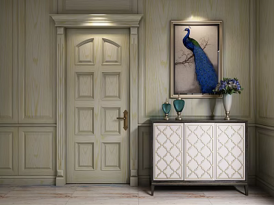 Classic Hinged Door In Elegant Interior With Wooden Wall Console Table And Decorative Painting 3d model