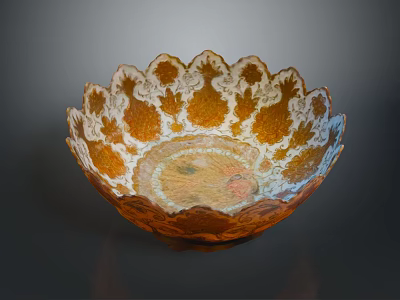 Artistic Orange And White Ceramic Bowl With Scalloped Edge And Intricate Decorative Patterns 3d model