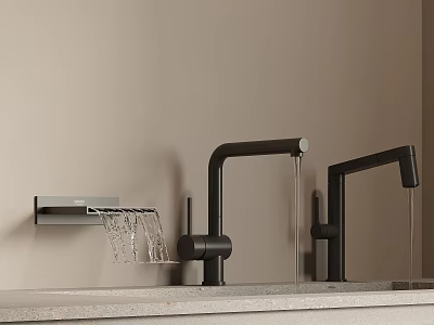 Sleek Black Kitchen Faucet Water Flow On Gray Countertop Design 3d model