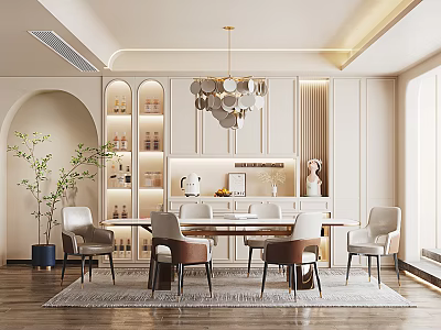 Elegant Modern Restaurant Interior With Beige Dining Table Chairs Chandelier And Display Cabinets 3d model