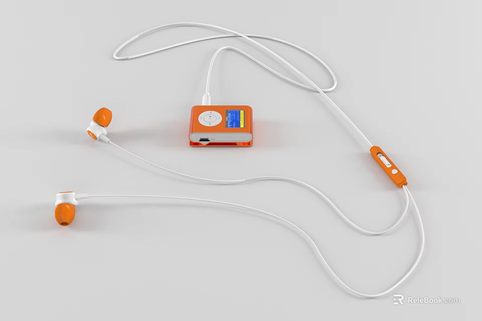 Orange MP3 Player With White Wired In Ear Headphones And Audio Screen Design 3d model 