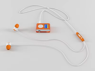 Orange MP3 Player With White Wired In Ear Headphones And Audio Screen Design 3d model
