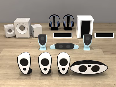 Headphones and Speakers Displayed on Wooden Table with Various Modern Designs and Audio Equipment 3d model
