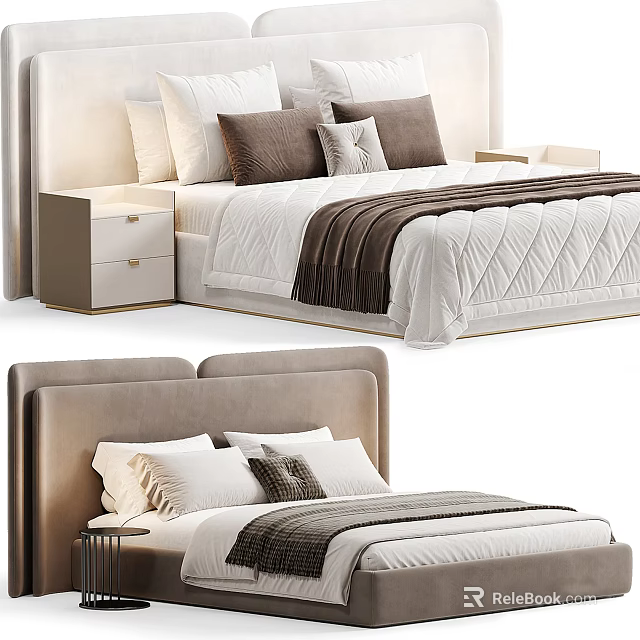 Modern Upholstered Double Bed With White Quilted Bedding Brown Pillows Throw Blanket And Nightstand 3d model 
