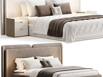 Modern Upholstered Double Bed With White Quilted Bedding Brown Pillows Throw Blanket And Nightstand 3d model