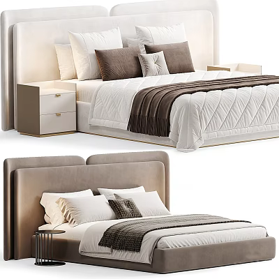 Modern Upholstered Double Bed With White Quilted Bedding Brown Pillows Throw Blanket And Nightstand 3d model
