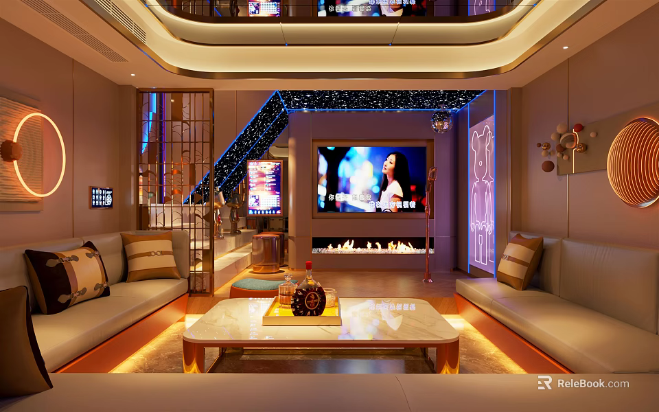 Modern KTV Lounge Interior With Comfortable Sofas Coffee Table Stylish Lighting And Large Screen TV 3d model