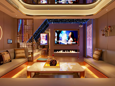 Modern KTV Lounge Interior With Comfortable Sofas Coffee Table Stylish Lighting And Large Screen TV 3d model