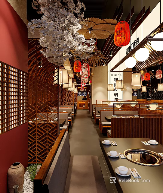Traditional Hotpot Restaurant Interior With Red Lanterns And Wooden Dining Tables 3d model 