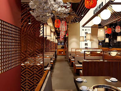 Traditional Hotpot Restaurant Interior With Red Lanterns And Wooden Dining Tables 3d model