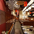 Traditional Hotpot Restaurant Interior With Red Lanterns And Wooden Dining Tables