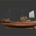 Brown Wooden Boat With Red Masts White Sail Deck Equipment And Green Components