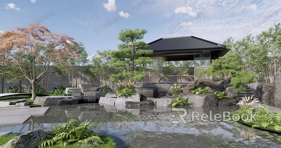 New Chinese Courtyard Courtyard Garden Pavilion Gazebo Falling Water Landscape Stones Stone rockery Landscape Stone Welcome Pine Landscape Tree Landscape Plants model