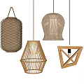 Modern Rattan and Wooden Pendant Lights with Geometric Cage and Conical Designs