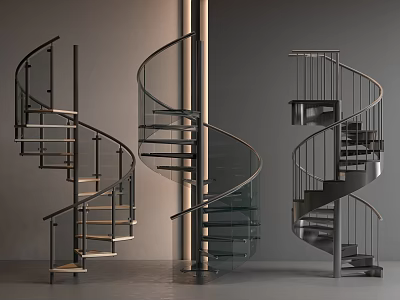 Contemporary Spiral Staircase Design Ideas With Metal Railings Glass Steps And Wooden Treads 3d model