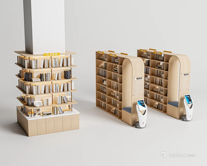 Modern Wooden Bookcase With Multiple Shelves And Self Service Checkout Screens 3d model 