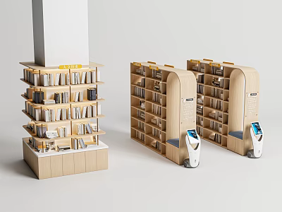 Modern Wooden Bookcase With Multiple Shelves And Self Service Checkout Screens 3d model