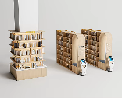 Modern Wooden Bookcase With Multiple Shelves And Self Service Checkout Screens 3d model